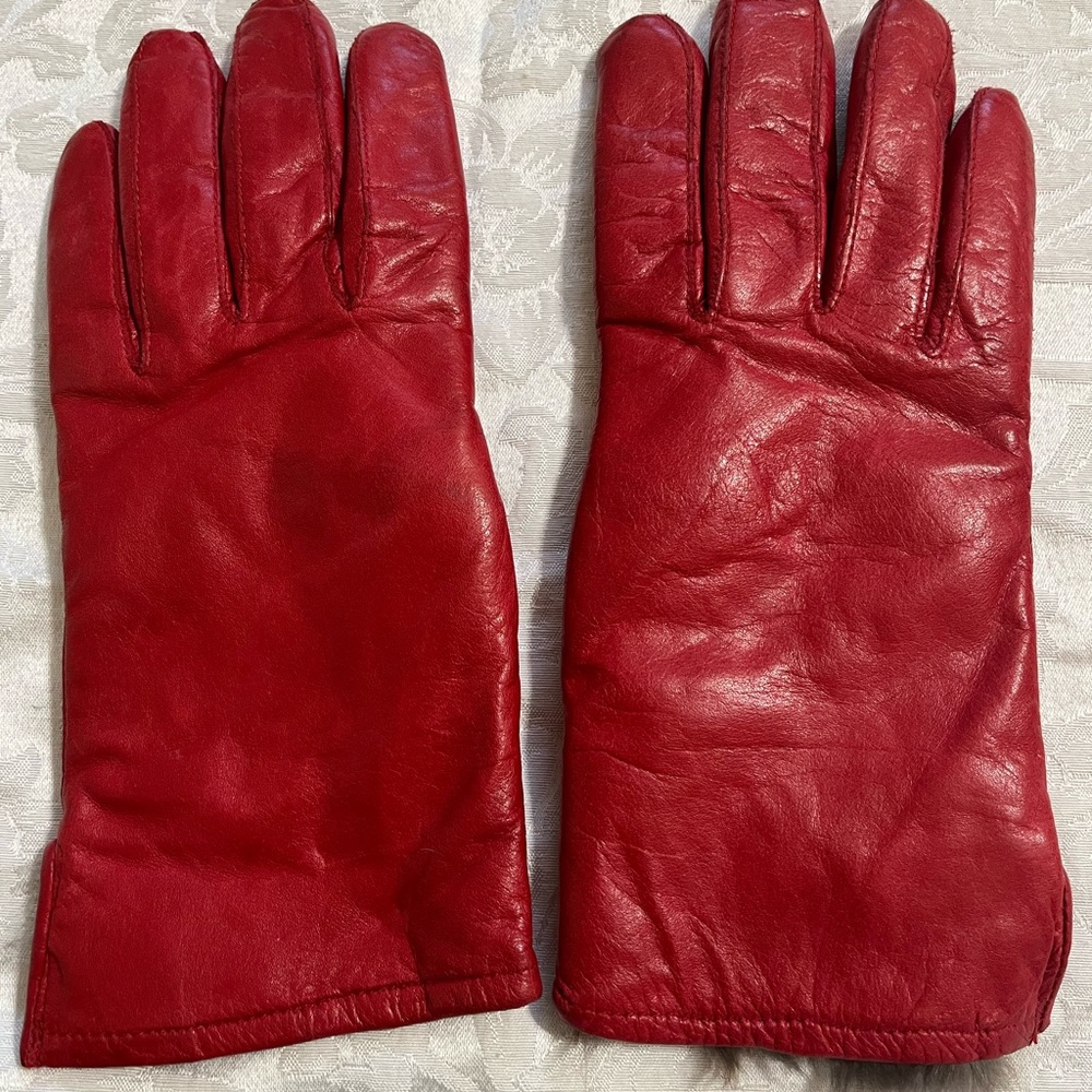 Red Leather Gloves - Gates Brand - with fur interior; used; size large